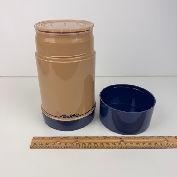 Vtg Aladdin Plastic Travel Thermos Tan Blue Pint Wide Mouth Decor Upcycle READ - Picture 5 of 11